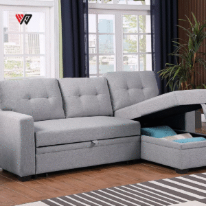 L Shape Sleeper Sofa with Storage Chaise and Pull-Out Bed, Convertible Couch for Living Room, Apartment, Office, Beige, - Image 3