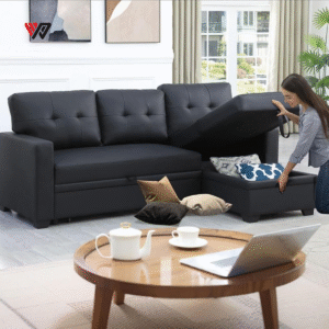 L Shape Sleeper Sofa with Storage Chaise and Pull-Out Bed, Convertible Couch for Living Room, Apartment, Office, Beige, - Image 2
